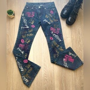 Blue Asphalt Y2K Graffiti Print Jeans Women’s Size 1 Low Rise Bootcut Punk